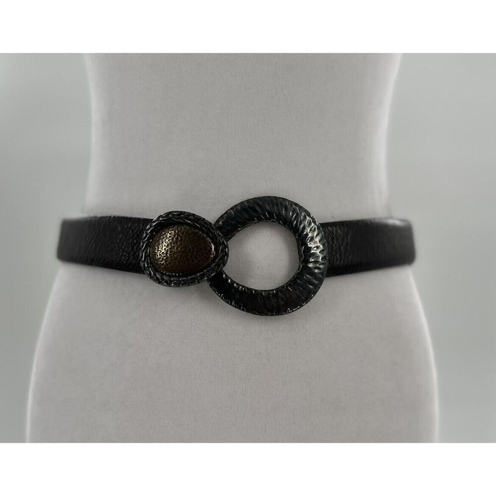 Chico's Belt Adjustable Brown Leather Hook Silver Gold Tone Big Buckle Statement - Picture 4 of 13